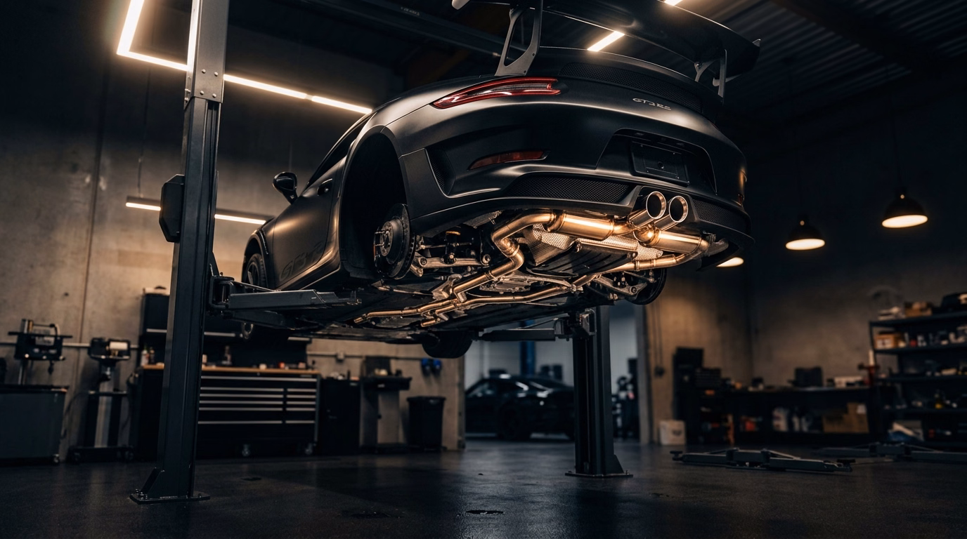 Custom Dual Exhaust on Lift at Reel Muffler Upper Marlboro MD